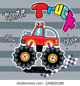 Cartoon of cute red monster truck on striped background illustration vector