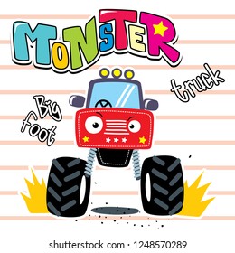 cartoon of cute red monster truck on striped background vector illustrstion