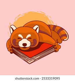 Cartoon cute red panda holding a book while lying down vector illustration