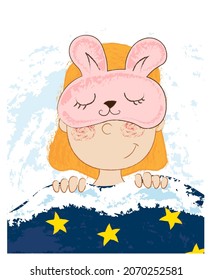 cartoon cute redhead girl sleeping with a mask on her face and smiling, vector illustration, baby falling asleep under the blanket