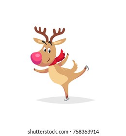 Cartoon cute reindeer with big red nose and scarf skates. Christmas and winter symbold. Great for greeting cards and invitations. Vector illustration.