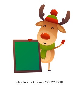Cartoon cute reindeer with message board isolated on white background