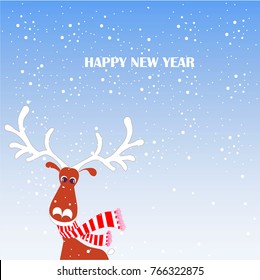Cartoon cute reindeer in red striped scarf with white horns on blue, snow, Happy New Year stock vector illustration for typography banner, for congratulation card, greeting card