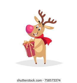 Cartoon cute reindeer standing and holding red gift box . Nosed comic character. Christmas and winter party's symbol. Vector illustration.