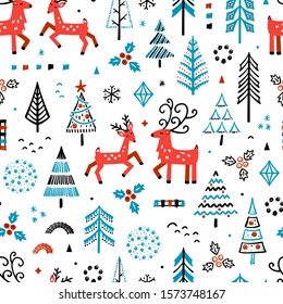 Cartoon Cute Reindeer and Winter Forest Abstract Background. Vector Christmas Seamless Pattern with Doodle Deers and Christmas Trees. New Year Holiday Wallpaper, Wrapping Paper
