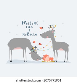 Cartoon Cute Reindeers with Sleeping Angel. Merry Christmas