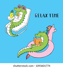 Cartoon cute relax time crocodile vector.
