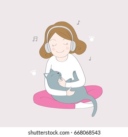 Cartoon cute relaxing time, Listen  music and big black cat vector.