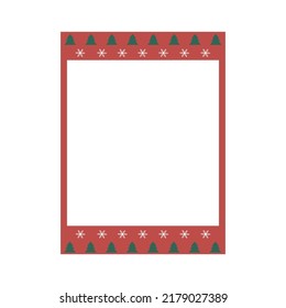 Cartoon cute retro instant photo frame. Modern design with red color base and christmas tree pattern. Isolated on white background, flat design, vector, illustration, EPS10