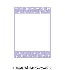 Cartoon cute retro instant photo frame. Modern design with purple color base and snowflake pattern. Isolated on white background, flat design, vector, illustration, EPS10