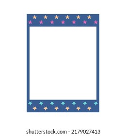 Cartoon cute retro instant photo frame. Modern design with blue color base and star pattern. Isolated on white background, flat design, vector, illustration, EPS10