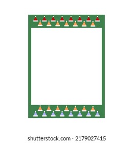 Cartoon cute retro instant photo frame. Modern design with green color base and christmas hat pattern. Isolated on white background, flat design, vector, illustration, EPS10