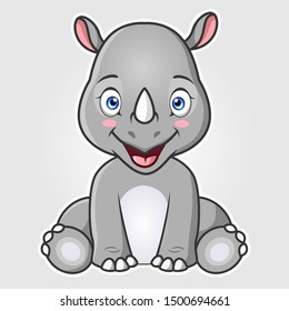 Cartoon cute rhino or rhinoceros sitting on dark background.