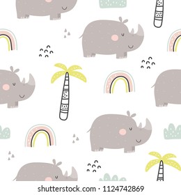 Cartoon cute rhino. seamless pattern