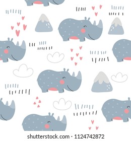 Cartoon cute rhino. seamless pattern