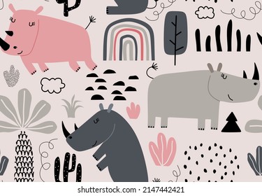 	
Cartoon cute rhino. seamless pattern