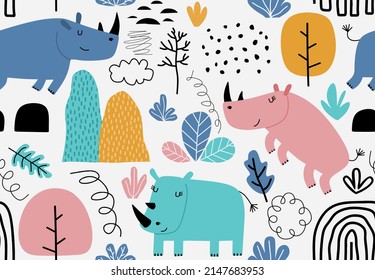 Cartoon cute rhino. seamless pattern