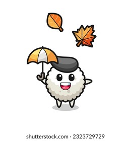 cartoon of the cute rice ball holding an umbrella in autumn , cute style design for t shirt, sticker, logo element