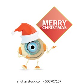 Cartoon Cute Robot with merry christmas santa claus red hat. funky merry christmas card design template or background