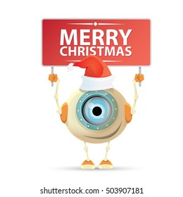 Cartoon Cute Robot with merry christmas santa claus red hat. funky merry christmas card design template or background