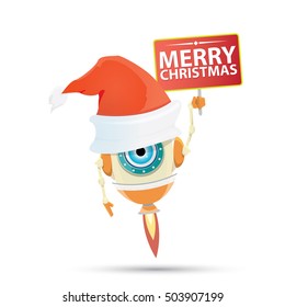 Cartoon Cute Robot with merry christmas santa claus red hat. funky merry christmas card design template or background