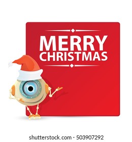 Cartoon Cute Robot with merry christmas santa claus red hat. funky merry christmas card design template or background