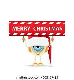 Cartoon Cute Robot with merry christmas santa claus red hat. funky kids merry christmas card design template or background