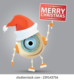 Cartoon Cute Robot with red santa hat. merry christmas card design template