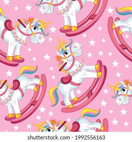 Cartoon cute rocking horse unicorn and stars. Vector seamless pattern on pink background. Illustration for party, print, baby shower, wallpaper, design, decor, dishes