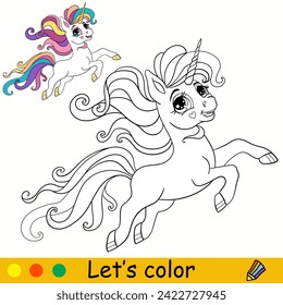 Cartoon cute romantic unicorn. Kids coloring book page. Unicorn character. Black contour on a white background. Vector isolated illustration with color template. For coloring, print, design, stickers