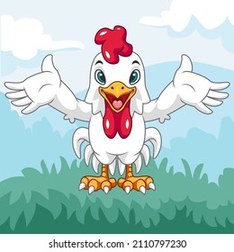 Cartoon cute rooster having fun in the garden