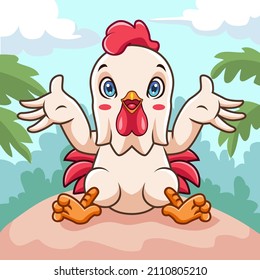 Cartoon cute rooster having fun in the garden