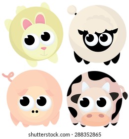 A cartoon cute round rabbit, sheep, pig and a cow vector illustration.