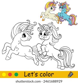 Cartoon cute running unicorns. Kids coloring book page. Unicorn character. Black contour on a white background. Vector isolated illustration with color template. For coloring, print, design, stickers