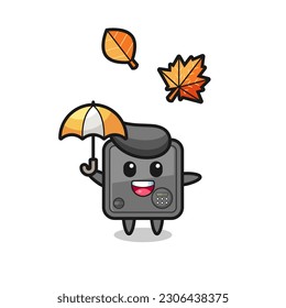 dibujos animados de la caja de seguridad adorable sosteniendo un paraguas en otoño, diseño de estilo lindo para camiseta, pegatina, elemento logo