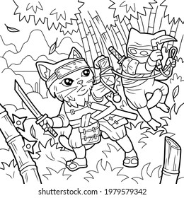 cartoon cute samurai cat, coloring page, outline illustration