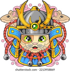 cartoon cute samurai cat, funny illustration, design