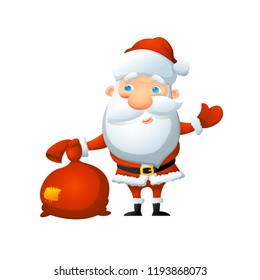 Cartoon cute Santa Claus, with a bag of gifts in his hand. On a white background, cartoon, vector illustration.