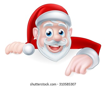 Cartoon cute Santa Claus Christmas illustration with Santa pointing down at a sign or message