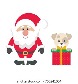 cartoon cute santa claus and christmas dog gift