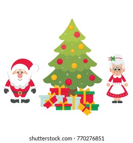 cartoon cute santa claus with christmas fir tree and gifts and mrs santa