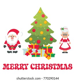 cartoon cute santa claus with christmas fir tree and gifts and mrs santa vector