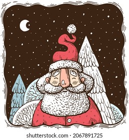 Cartoon, cute Santa Claus on the background of a winter landscape at night. Vector illustration made with ink and pen on paper.