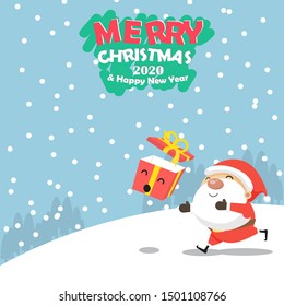 Cartoon cute santa claus running to gift box, merry christmas and happy new year.