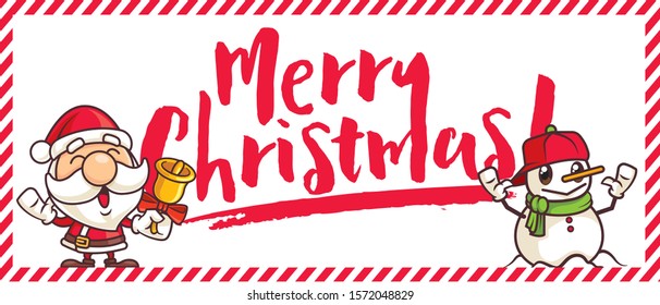 Cartoon cute Santa Claus and cute snowman with Big Merry Christmas holiday greeting signboard on white background - vector