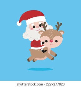 Cartoon of Cute Santa Clauses rides a reindeer, Merry christmas and Happy new year on blue background Vector Illustration