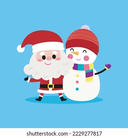 cartoon cute Santa Clauses and snowman, Merry christmas and Happy new year on blue background Vector Illustration