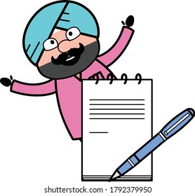 Cartoon Cute Sardar with diary and pen