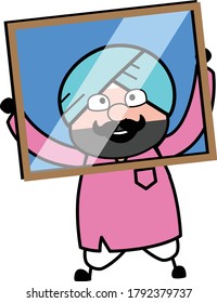 Cartoon Cute Sardar looking from glass frame