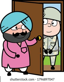 Cartoon Cute Sardar opening Door Character Design Illustration